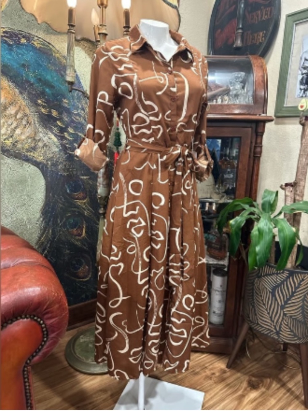 Brown and White Midi Versona Dress